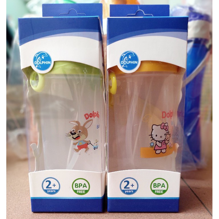 Bình nước cho bé, bình nước có ống hút 450ml Dophin cho hoc sinh, có dây đeo cho bé đi học, bình tập uống nước,không BPA