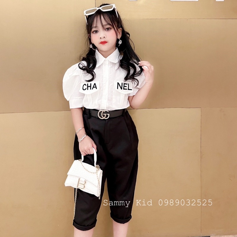Set Sơ mi thêu cổ sen tay bồng Quần Baggy lỡ cho bé gái size đại 16-41kg basic nữ tính