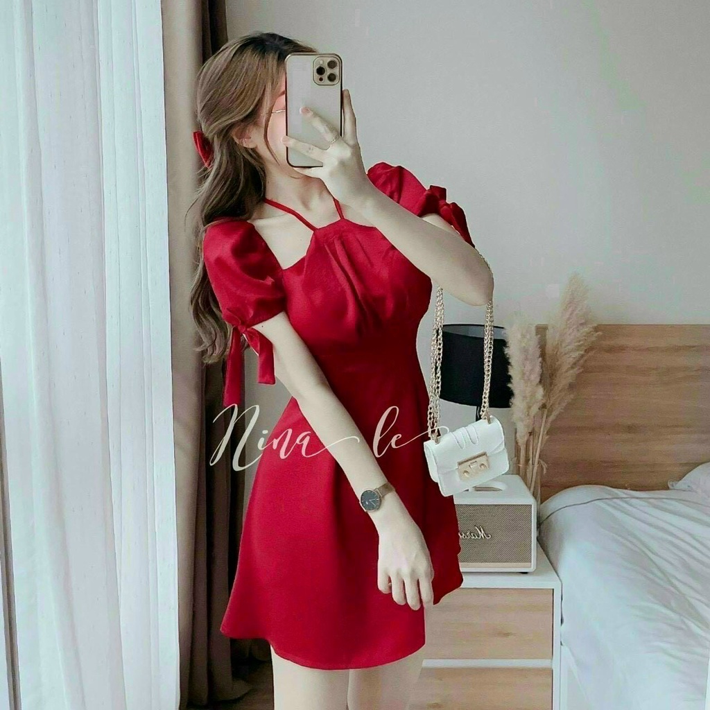 đầm xòe cổ yếm tay cột nơ (có mút), trẻ trung cá tính