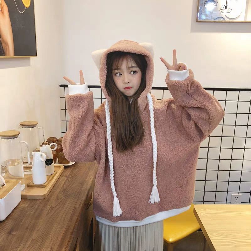 Áo Hoodie Len Cừu Tay Dài Dáng Rộng Thêu Họa Tiết Xinh Xắn Phong Cách Hàn Quốc Cho Nữ | BigBuy360 - bigbuy360.vn