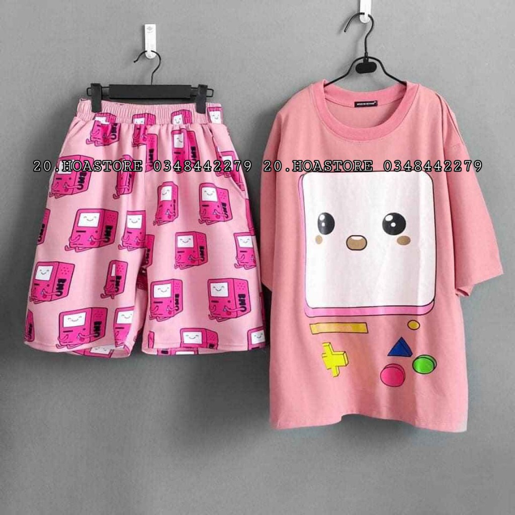 SET ÁO QUẦN SHORT CARTOON UNISEX HÌNH HỘP BMO - QUẦN ĐÙI HOẠT HÌNH BMO HỒNG + ÁO GAME HỒNG CUTE