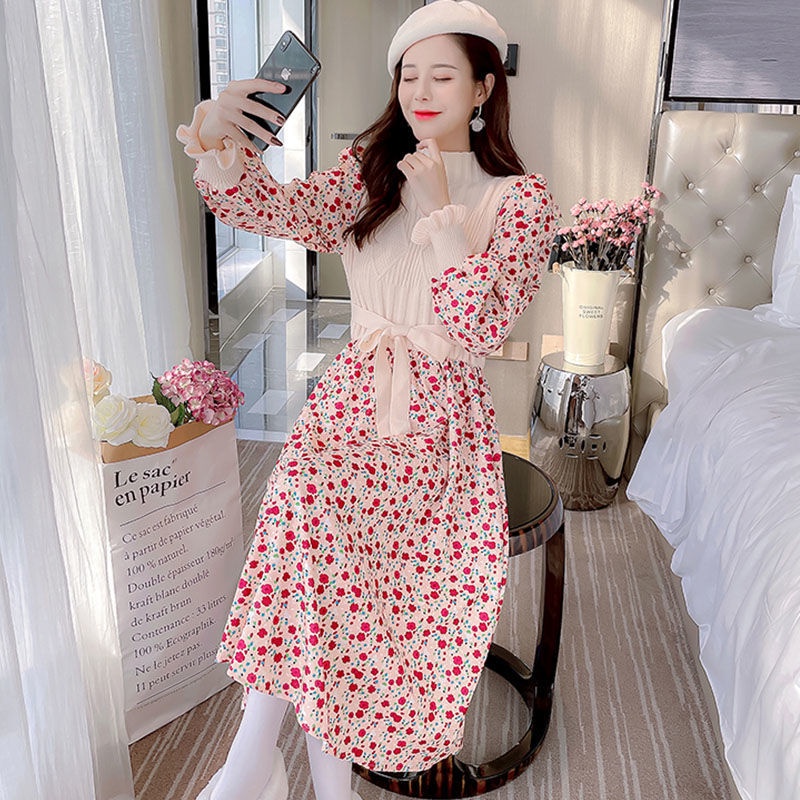 Autumn and winter Korean style stitching long knitted thin skirt fashion floral knitted dress