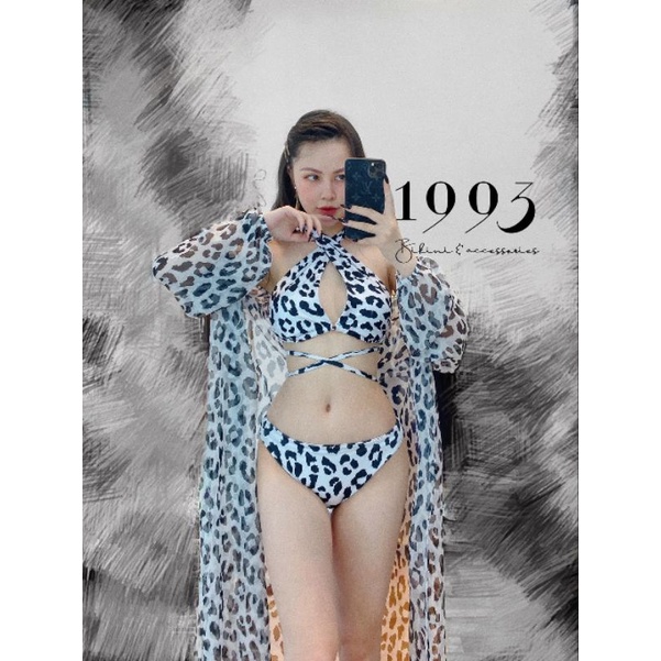 Bikini bộ bơi đồ đi biển nữ set 3 món họa tiết beo trắng đen EVA S3MBT