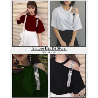 Áo Lệch Vai Cổ Choker Viền Dây Chữ Cá Tính