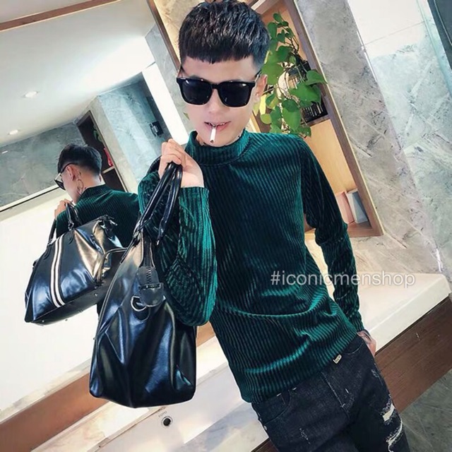 Áo thun nhung nam cổ lọ,sọc gân nổi