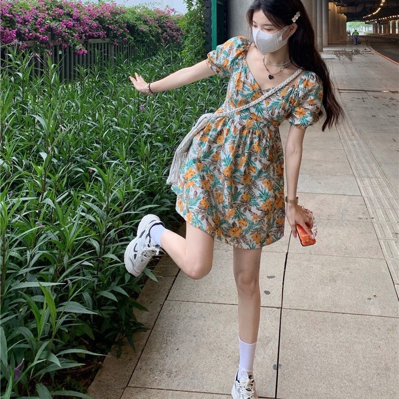 Đầm Hoa Tay Phồng Ngắn Thời Trang Mùa Hè Pháp Ngọt Ngào Cho Nữ