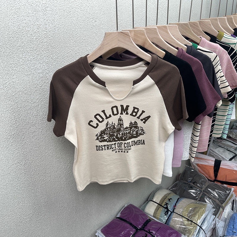 Áo Thun Cotton Ngắn Tay Cổ Chữ V Màu Sắc Tương Phản Phong Cách Hàn Quốc Cho Nữ