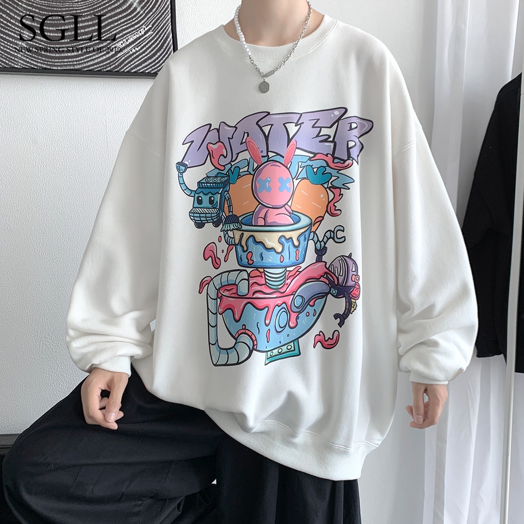 Áo thun tay dài cổ tròn dáng rộng in họa tiết graffiti phong cách hip hop Hồng Kông thời trang xuân thu dành cho nam