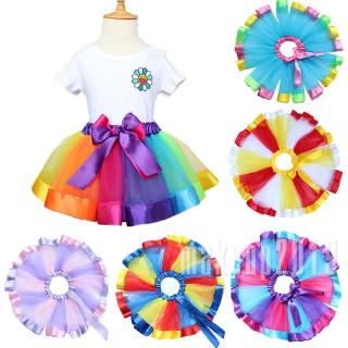Mu♫-Fashion Baby Dance Skirt Girls Rainbow Skirt Colorful Tutu Skirt Tulle Mini Dress A Handmade Kids Skirt