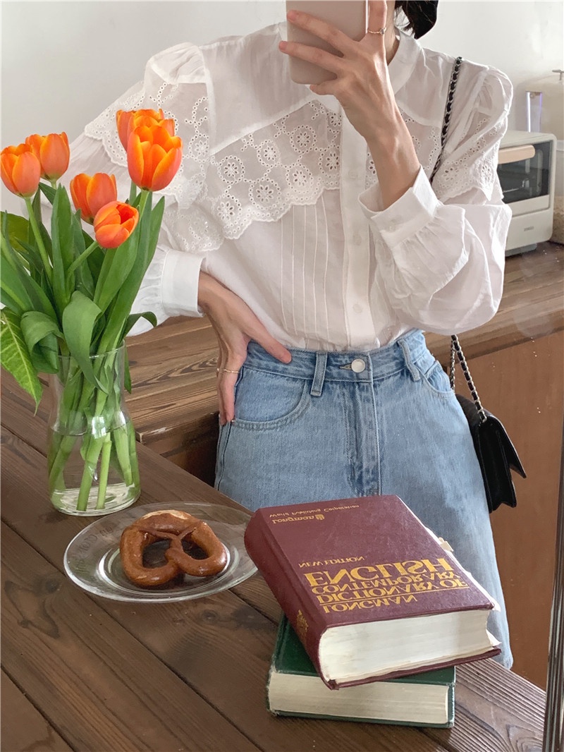 Áo Sơ Mi Dài Tay Phối Ren Phong Cách Retro Hàn Quốc 54027