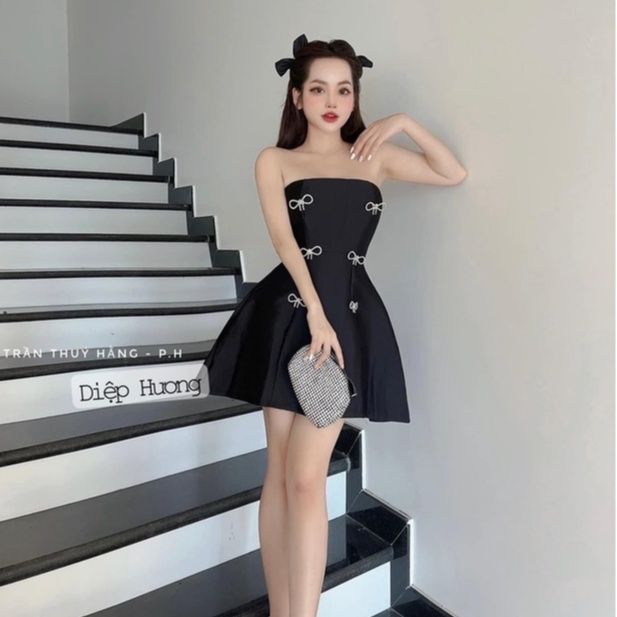 Đầm thiết kế LINH RUBI STORE đầm dự tiệc cúp ngực đính nơ đá dáng xòe chất tacta phồng cao cấp V401