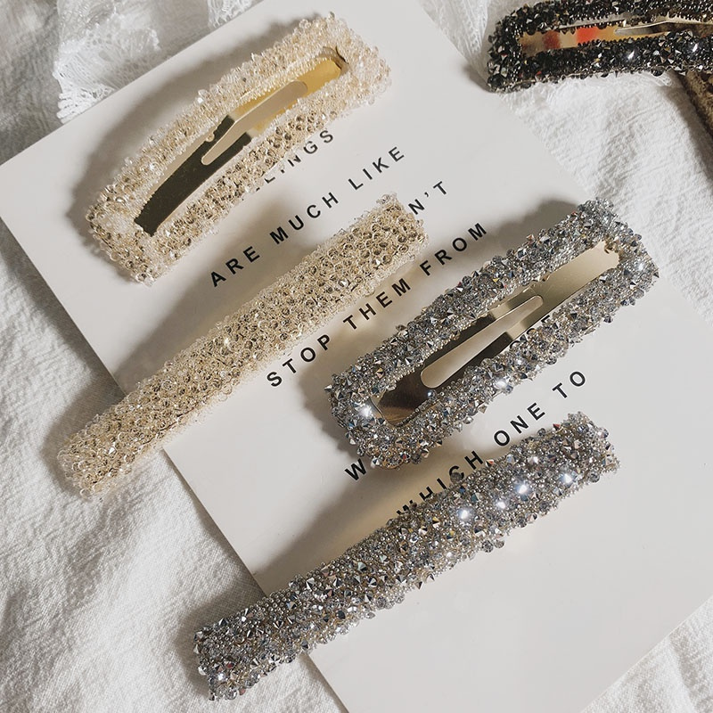 Bộ 2 Kẹp Tóc Đính Đá Pha Lê / Kim Cương Giả Hình Vuông Đơn Giản Phong Cách Hàn Quốc Cổ Điển Cho Nữ