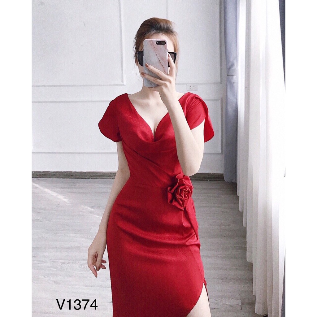 Váy body đỏ cổ V hoa eo V1374 - Đẹp Shop DVC (Kèm ảnh thật trải sàn do shop tự chụp) | BigBuy360 - bigbuy360.vn