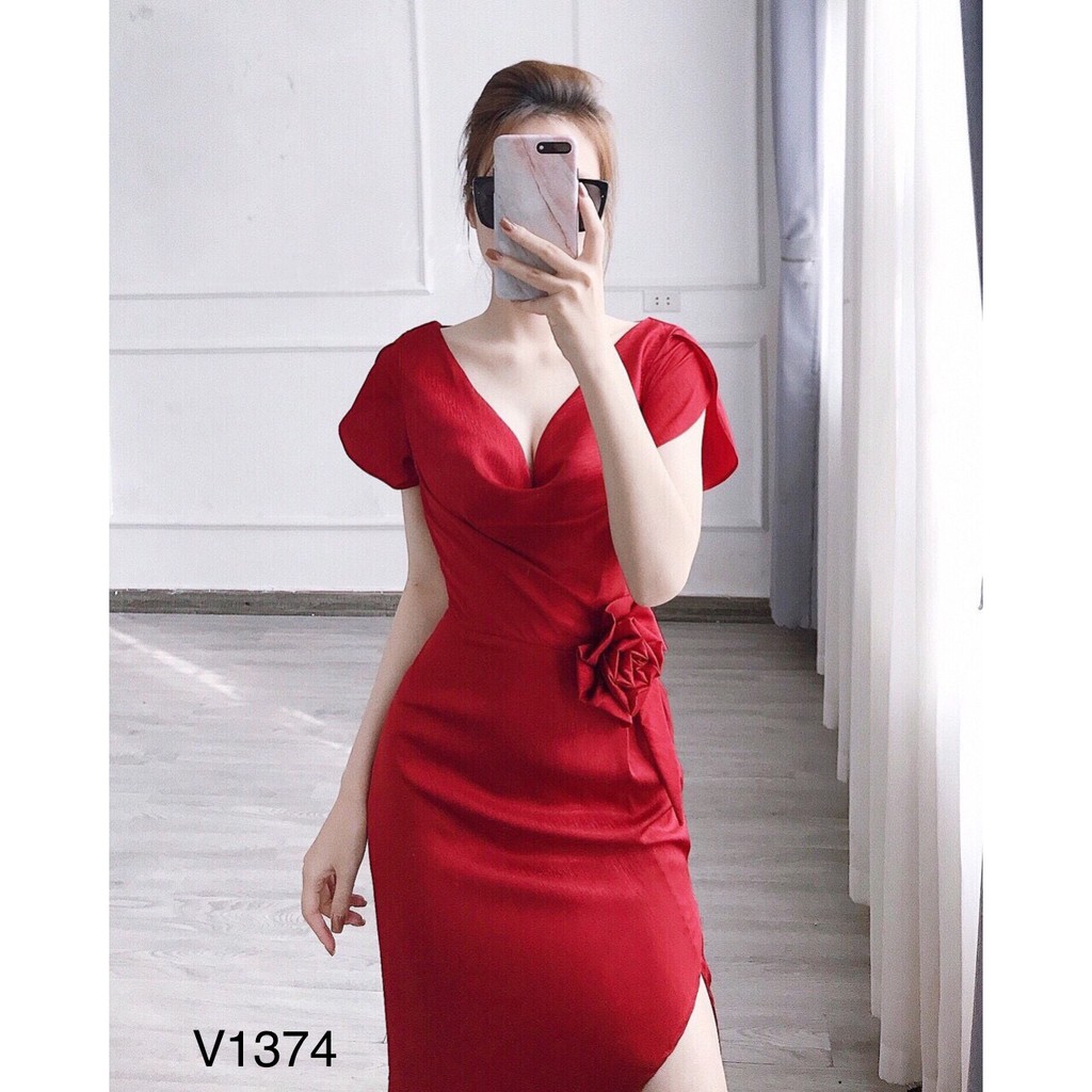 Váy body đỏ cổ V hoa eo V1374 - Đẹp Shop DVC (Kèm ảnh thật trải sàn do shop tự chụp)