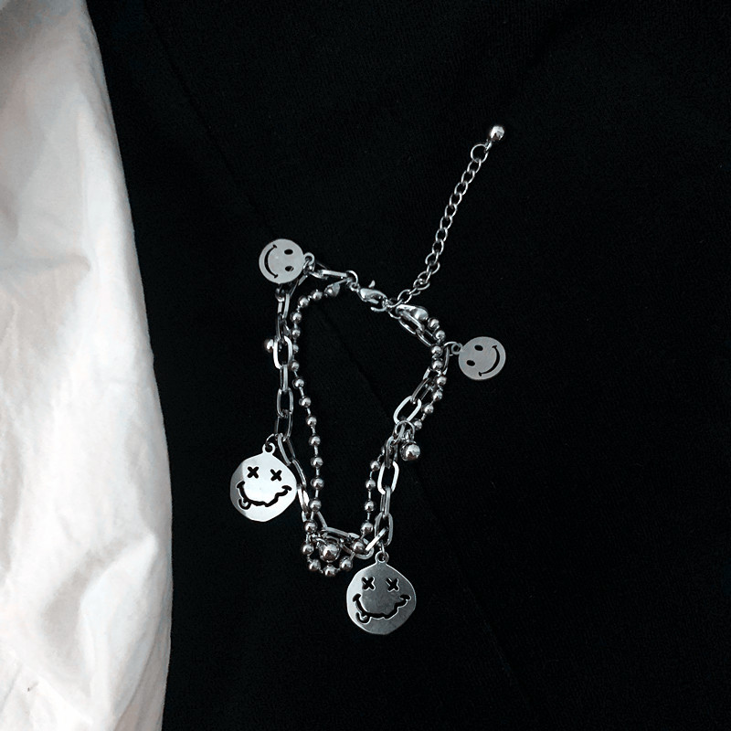 Korean double-layer chain smiley face silver bracelet expression chain