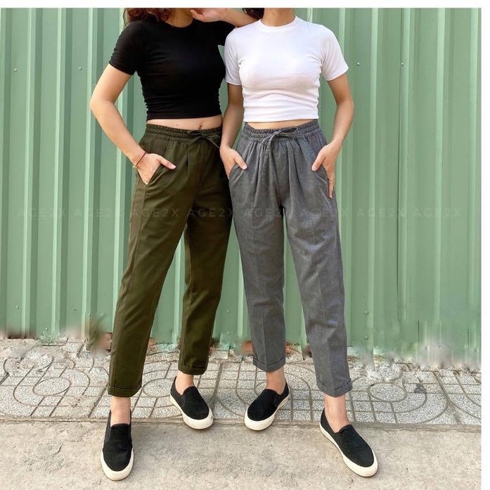 Quần baggy nữ AGE2X chất kaki phối thun gân co giãn thoải mái hàng vnxk