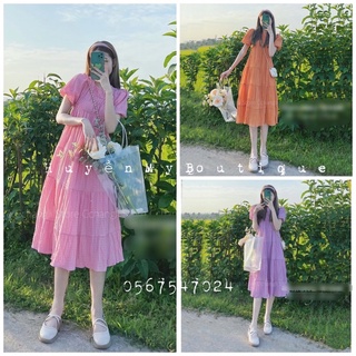 [Video cận chất] Váy maxi đi biển tay bồng / Đầm babydoll vải xốp nhún ngực xoè tầng dáng dài bánh bèo Vintage