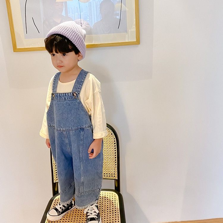 Bộ Áo Liền Quần Denim Cotton Ống Rộng Hở Đáy Thời Trang Mùa Thu Cho Bé Trai Và Gái