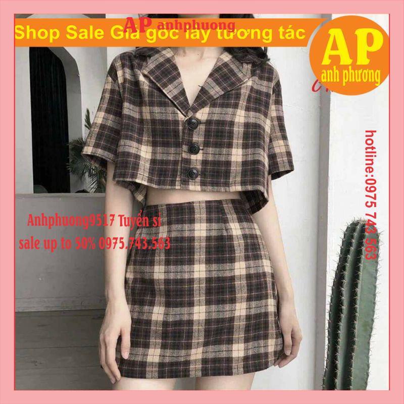 SET VÁY CHÂN VÁY KẺ SÉT ÁO VEST CROPTOP MIX CHÂN VÁY KẺ VINTAGE♥️ BỘ NỮ MẶC NHÀ PHONG CÁCH HÀN QUỐC