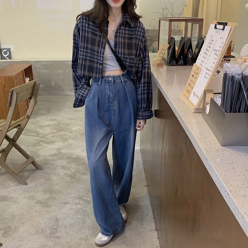 ZHELIHANGFEI Áo sơ mi caro tay dài thời trang cho nữ