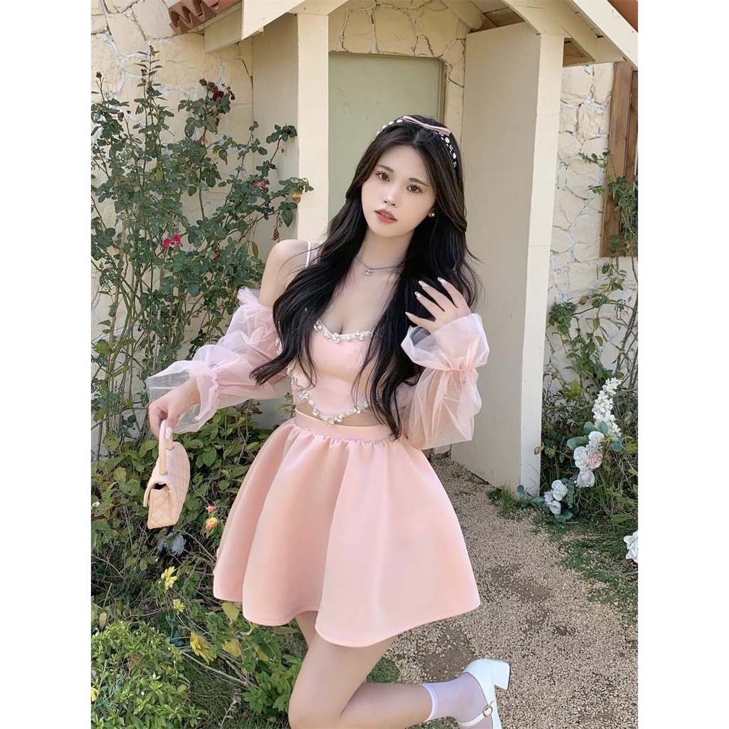 Bán Chạy Bộ Đồ Công Chúa Pettiskirt Hai Dây Khảm Đá Kim Cương Tinh Khiết Hình Trái Tim Phối Lưới May Tỉ Mắn + Eo Cao