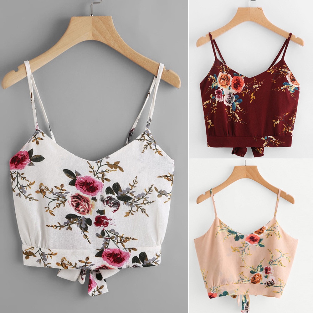 Áo croptop hai dây cổ chữ V cột nơ sau lưng in họa tiết hoa cho nữ