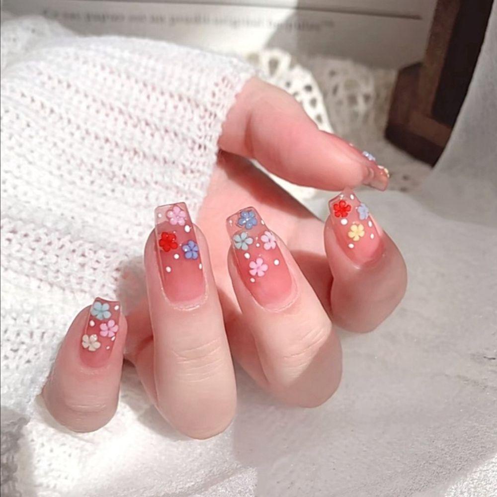 MIHAN1 Hộp 24 Móng Tay Giả Che Phủ Toàn Diện Họa Tiết Hoa Và Ngôi Sao Lấp Lánh Có Thể Tháo Rời