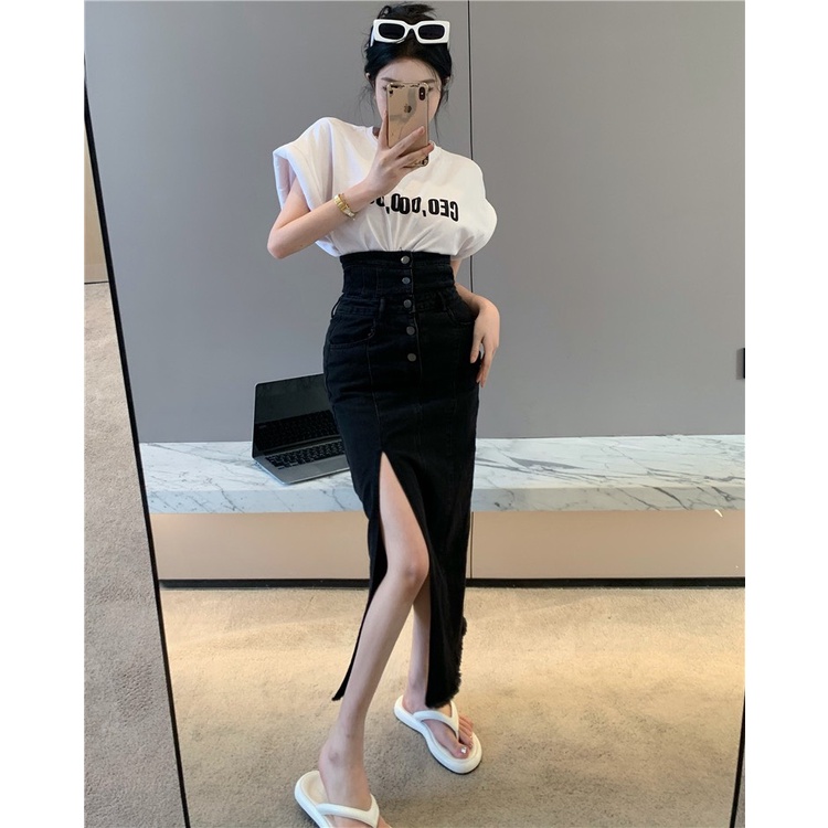 Set Áo Thun Chân Váy Nút Xẻ Dài
