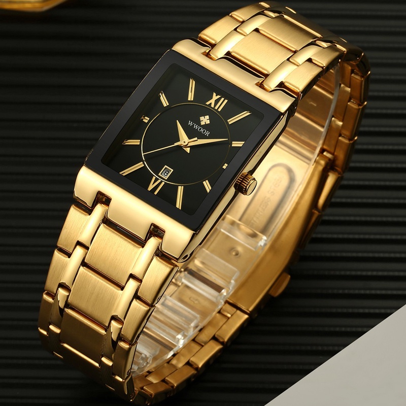 Đồng Hồ Quartz Chống Thấm Nước WWOOR Mạ Vàng Đen Sang Trọng Kèm Hộp-8858