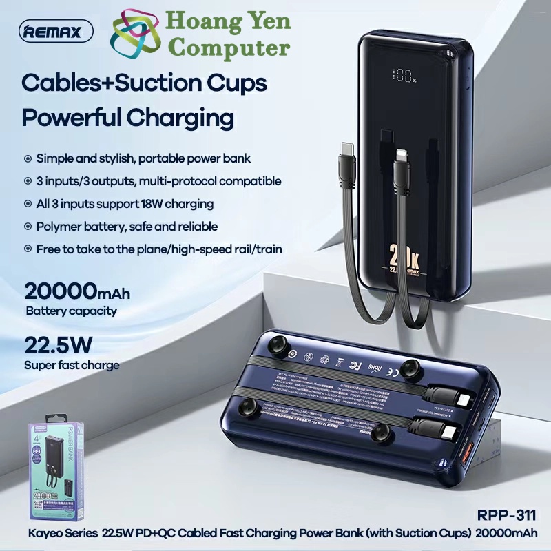Sạc Dự Phòng Remax RPP-311 20000Mah , Tích Hợp Cáp Sạc - BH 1 Năm - Hoàng Yến Computer