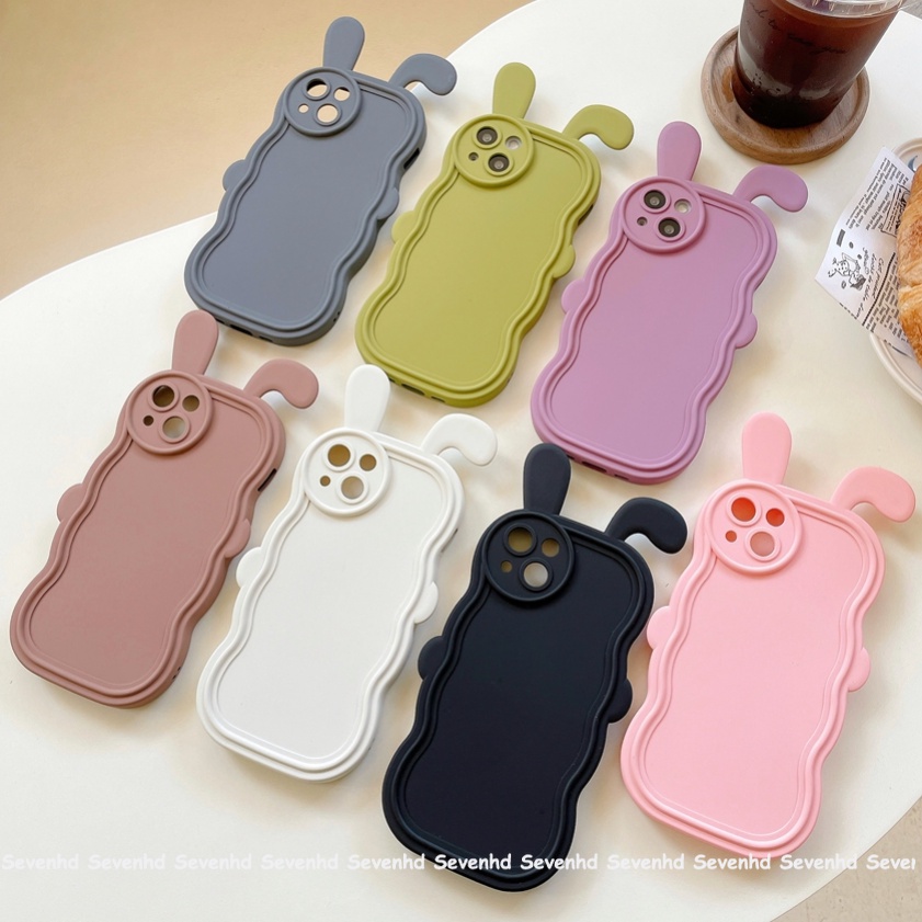 Ốp Điện Thoại Silicone Mềm Chống Sốc Màu Trơn Đính Tai Thỏ Gợn Sóng Cho iPhone 12 11 Pro Max Xs Max Xr X