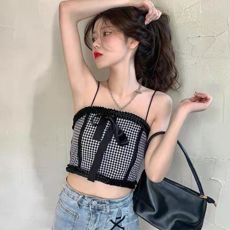 SUXI Áo Hai Dây Dáng Ôm Kẻ Sọc Caro Thời Trang Mùa Hè Quyến Rũ Cho Nữ