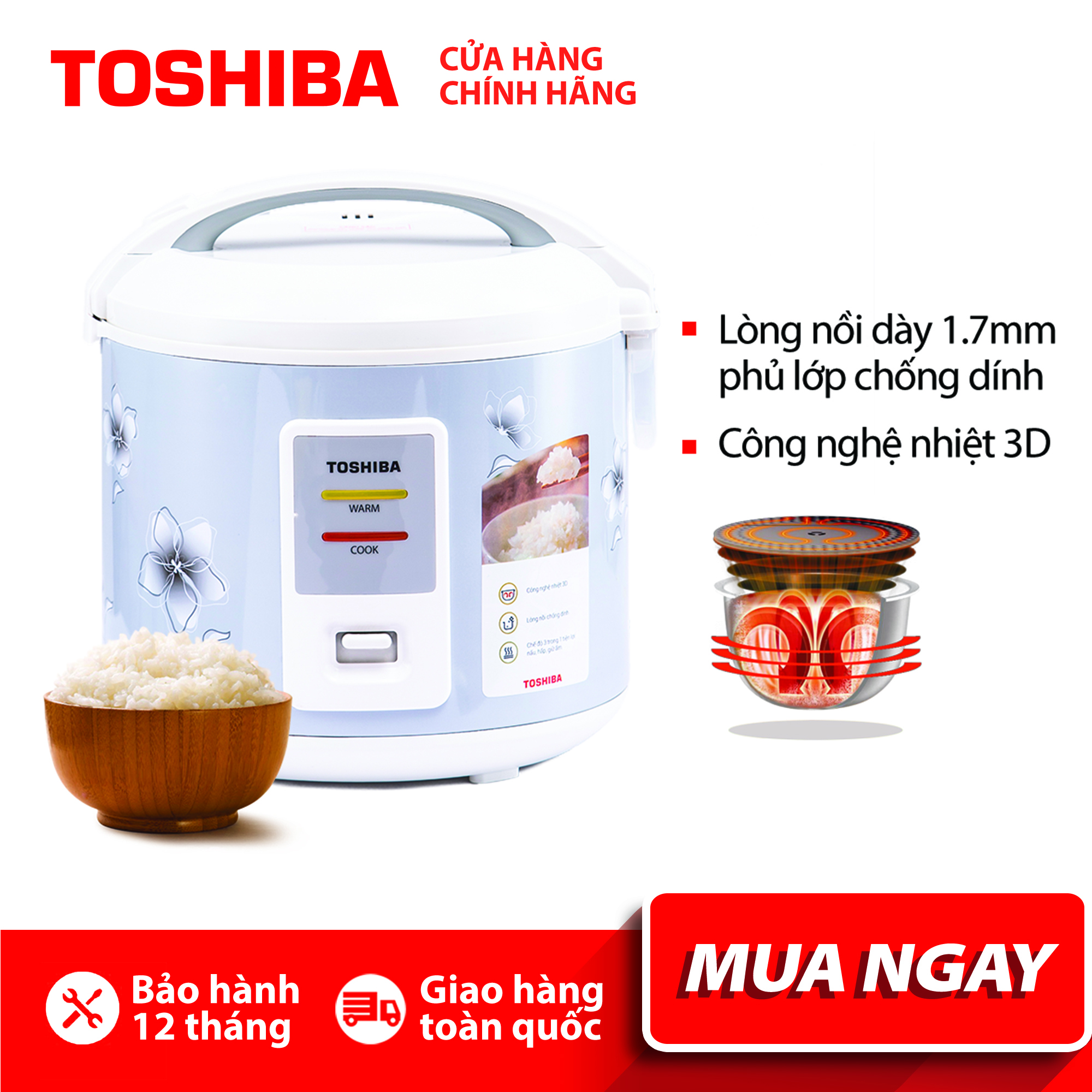 NỒI CƠM ĐIỆN NẮP GÀI TOSHIBA RC-18JFM2(H)VN - 1.8L - Lòng nồi dày 1.7mm, chống dính - Hàng chính hãng, bảo hành 12 tháng