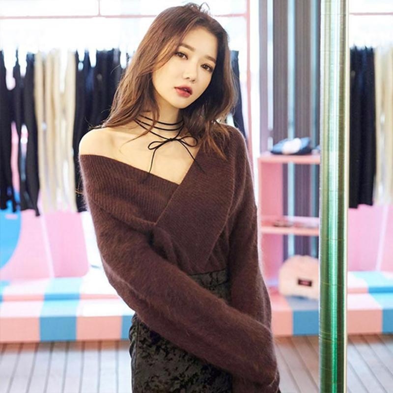 SUXI Áo Sweater Dệt Kim Cổ Chữ V Trễ Vai Quyến Rũ Thời Trang Cho Nữ Phong Cách Hàn Quốc