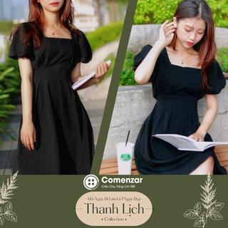 Đầm kaki đen cổ vuông tay phồng