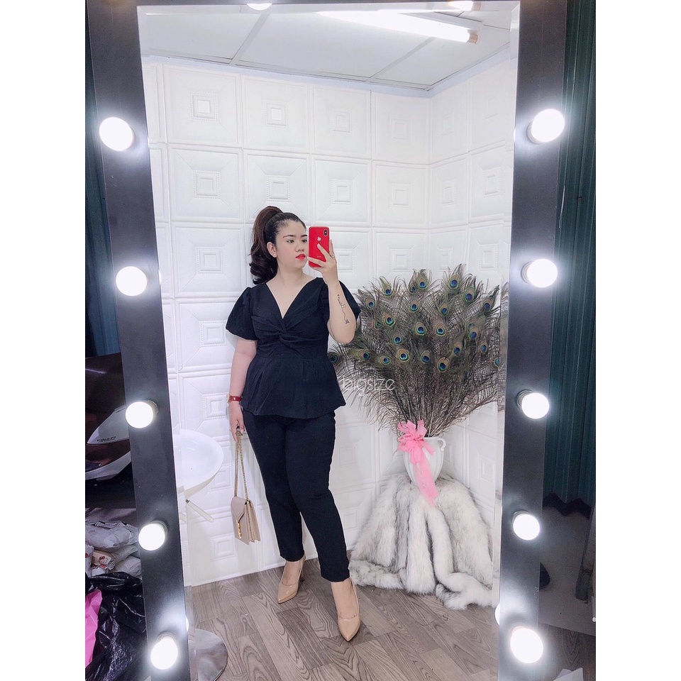 SET đồ bộ bigsize gồm áo peplum và quần lở 9 tấc chất thun dày dặn co dãn thoải mái, size L-XL-XXL, màu Đen_Đỏ_Nude