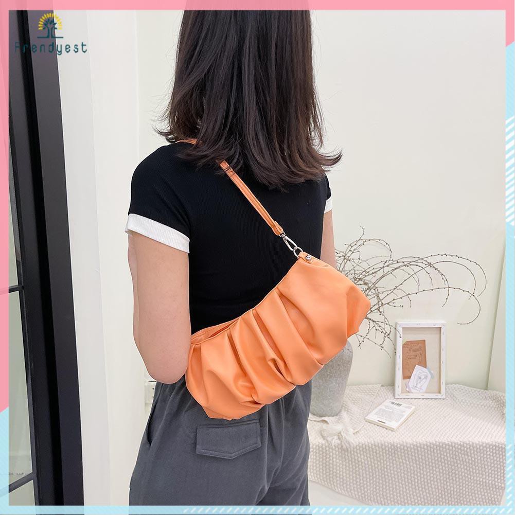 Pleated Shoulder Handbag Women PU Elegant Underarm Cloud Bags (Orange)