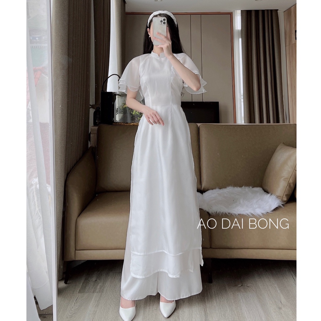 Áo dài trắng cách tân cổ vuông, tay cánh tiên thiết kế cao cấp dành cho đi tiệc cưới, sự kiện ( ib tư vấn size)