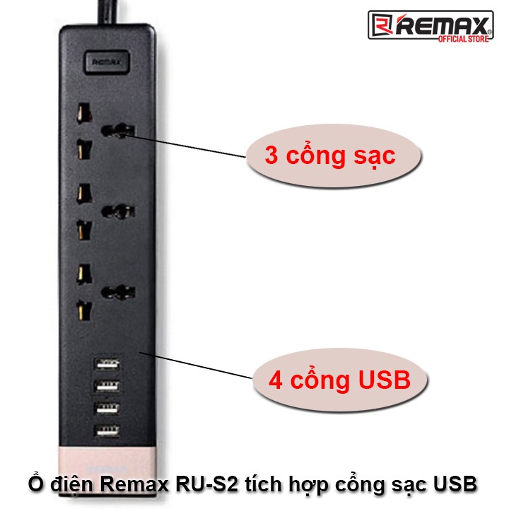 Ổ cắm điện đa năng Remax RU-S2 tích hợp 3 cổng, sạc 4 cổng USB