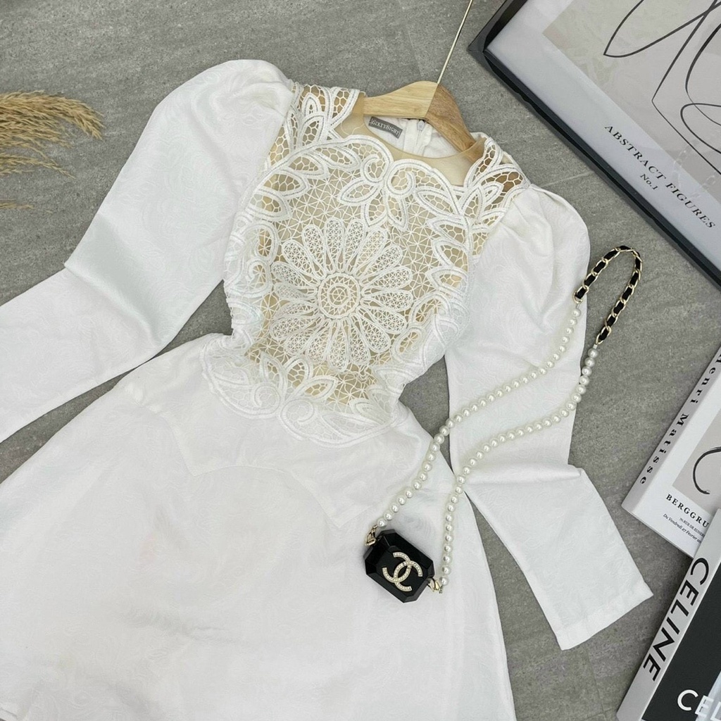Đầm gấm cao cấp phối ren ngực tay dài NÀNG CLOSET