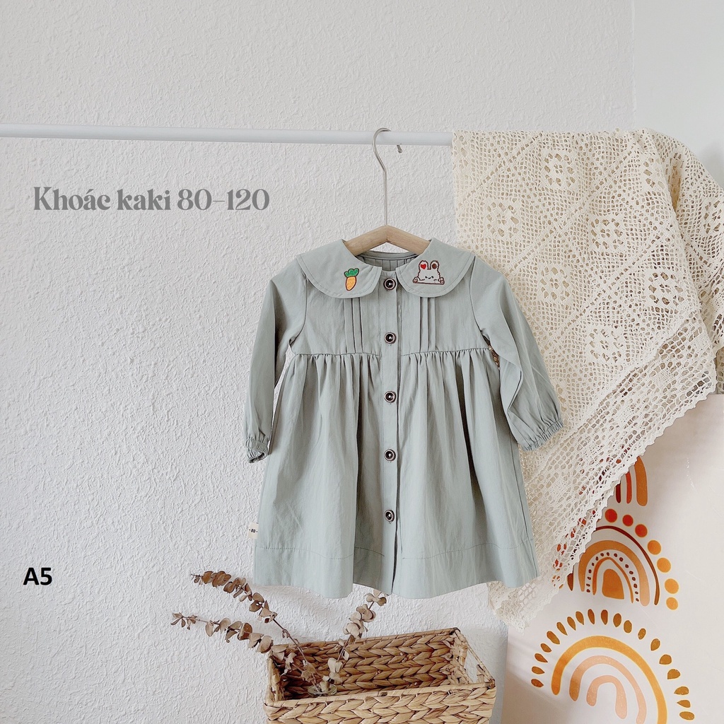 Áo khoác váy cổ sen - Áo khoác chất thô kaki thêu họa tiết thỏ- cà rốt cho bé gái- A5