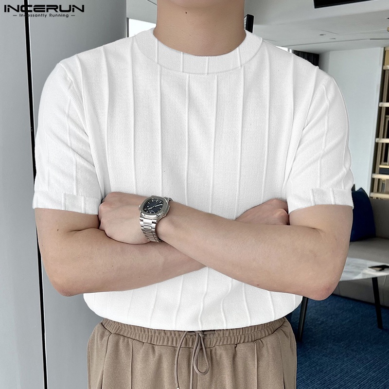 Áo thun INCERUN ngắn tay cổ tròn màu trơn size S-5XL dành cho nam