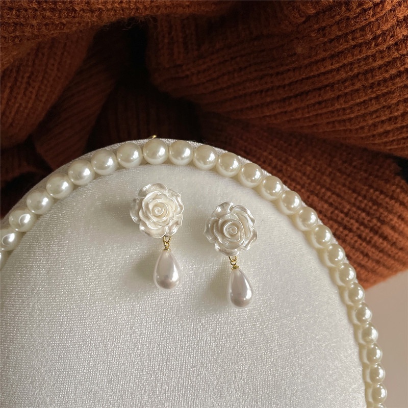 Bông Tai S925 Đính Ngọc Trai Hình Hoa Hồng Dễ Thương Thanh Lịch Cho Nữ