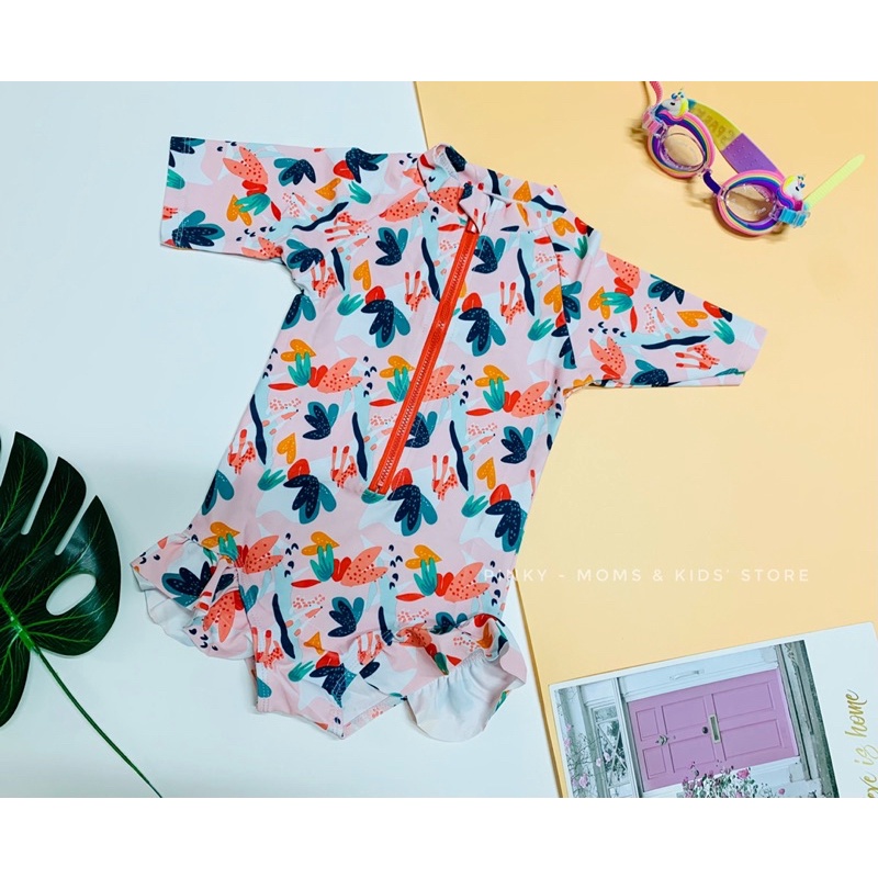 Đồ bơi một mảnh bé gái, áo tắm liền thân cho be màu hồng hoạ tiết nhiệt đới