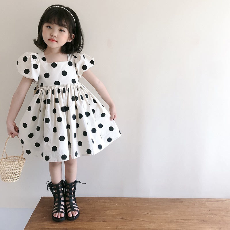 Đầm Công Chúa Tay Ngắn Phồng Vải Cotton Họa Tiết Chấm Bi Dễ Thương Thời Trang Mùa Hè Cho Bé Gái