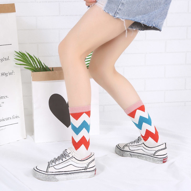 TIAN TIAN T050 Hàng mới về Tất nam nữ Vớ Cotton cổ vừa họa tiết kẻ sọc thời trang Unisex