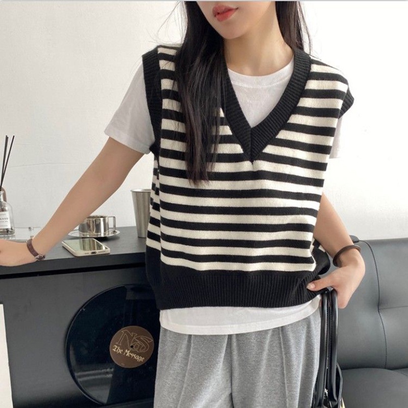 Áo Len Không Tay Form Rộng Họa Tiết Kẻ Sọc Hợp Thời Trang