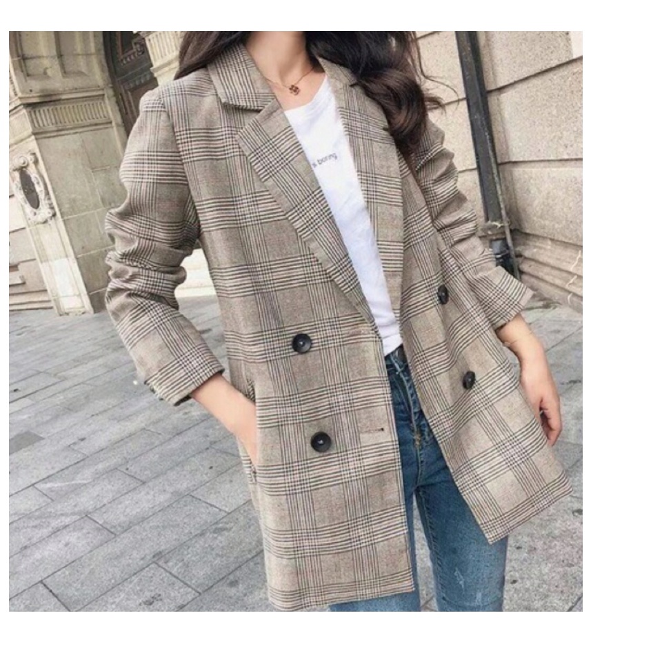 Áo blazer nữ có size thiết kế túi đứng Áo khoác nữ Hàn Quốc kẻ nâu Miumiin Clothes | WebRaoVat - webraovat.net.vn