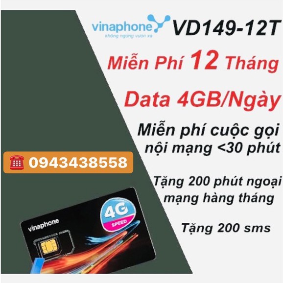 [Ship Hỏa Tốc HN] SIM 4G VINA VD149 TRỌN GÓI 12 THÁNG KHÔNG NẠP TIỀN120GB/THÁNG DATA TỐC ĐỘ CAO