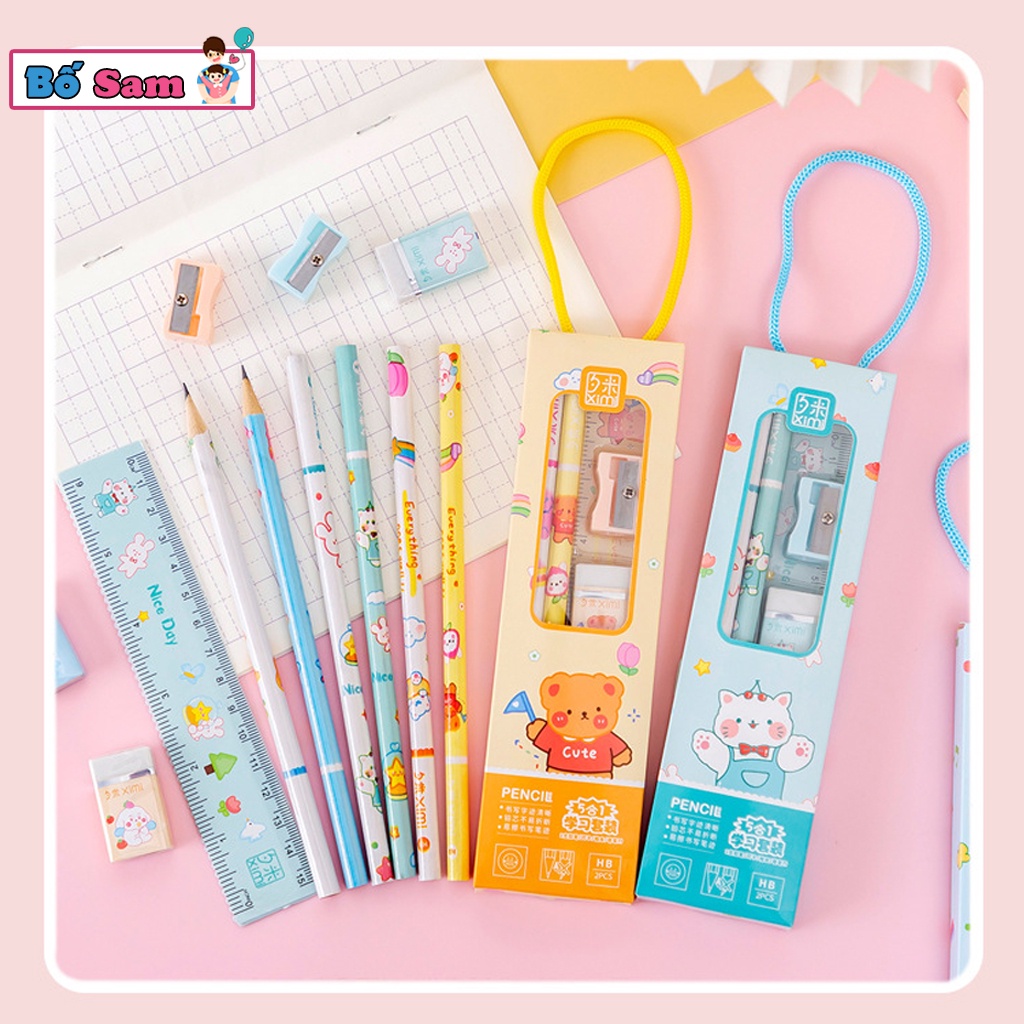 Set 4 chi tiết thước kẻ, bút chì, gọt bút, tẩy có hộp quai đeo đi học cho bé Shop Bố Sam